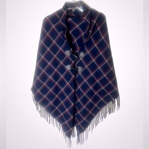 Portola One Size Black Plaid Fringed Toggle Poncho Ruana Shawl Wrap Blue